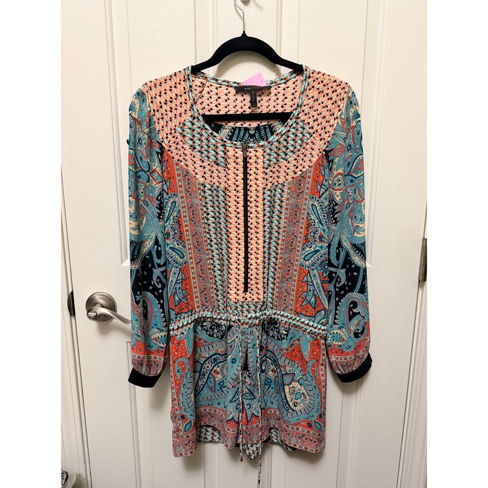 BCBGMAXAZRIA XS Boho Printed Long Sleeve Romper Geometr Paisley Drawstring Waist